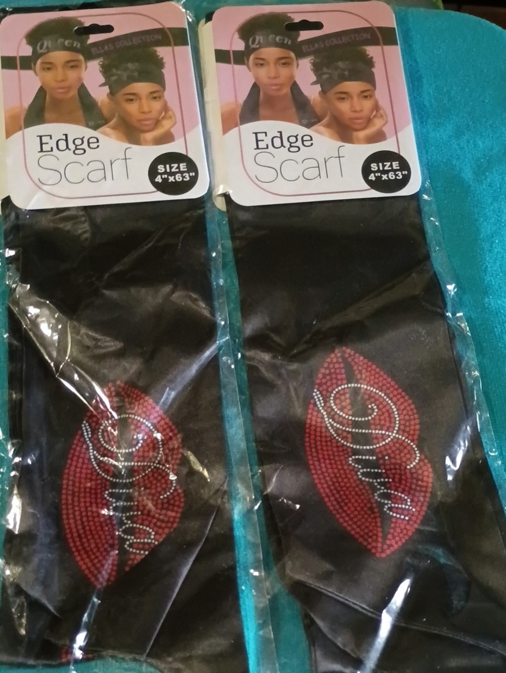 2 FOR 15.00..Que Black Edge Scarf with Red Rhinestone Lip Accent